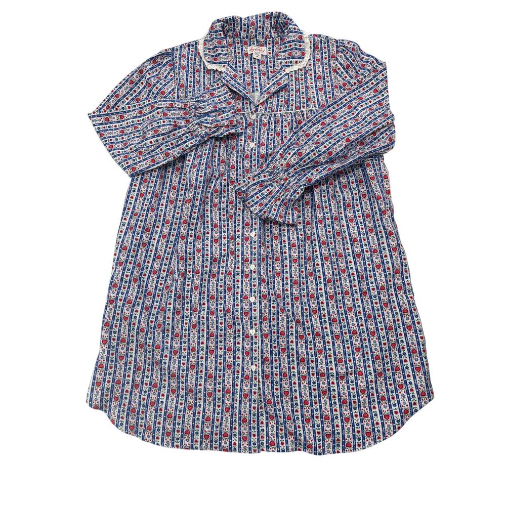 NWOT Lanz Salzburg flannel nightgown Sz M blue red heart floral Peter Pan collar